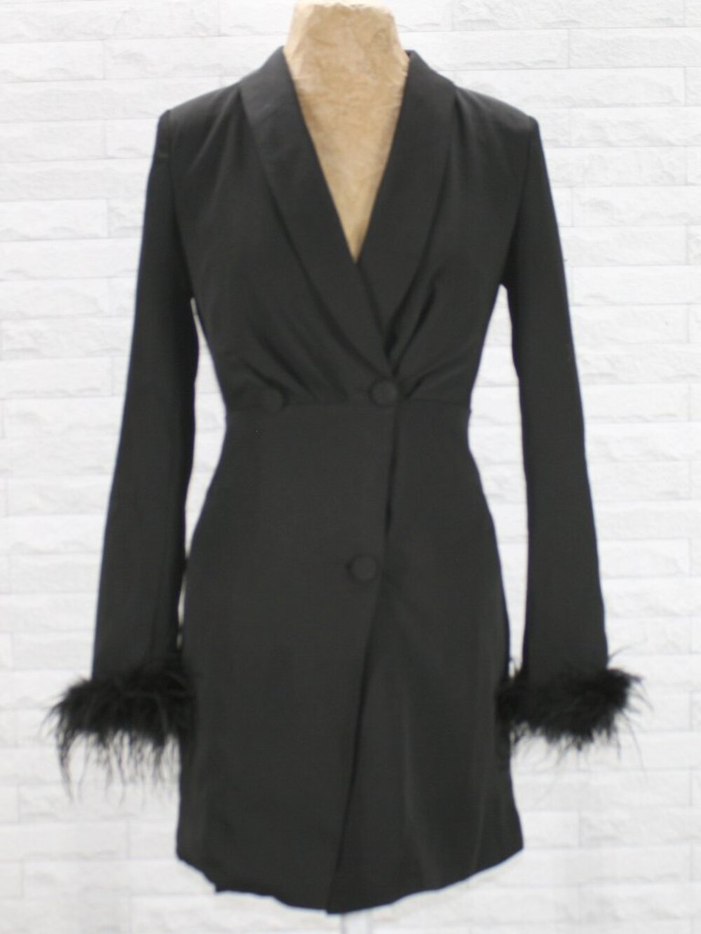 BOOHOO Blazer Wrap Dress Feather Cuff Party Tailored Double Button Black 4